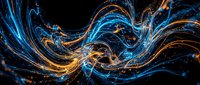 Glowing blue and gold light waves flow dynamically across dark background, creating abstract energy patterns suitable for digital design, wallpapers, and modern visual projects.