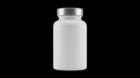White supplement pill bottle with silver cap, isolated on transparent background. Ready for label mockups, print on demand, stickers, and t-shirt design use.