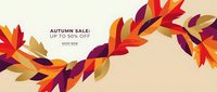 Autumn sale banner with vibrant fall leaves in warm colors featuring promotional text space for seasonal marketing campaigns and retail advertisements.
