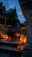 Spooky Halloween scene with glowing jack-o-lanterns and cauldron on gothic mansion steps at twilight for seasonal decorating and party planning.