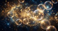 Floating transparent bubbles with golden sparkles and bokeh lights creating magical atmosphere against dark blue background for fantasy designs.