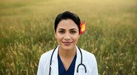 Young female healthcare professional with South Asian ethnicity wearing white medical coat and stethoscope, standing in green grain field. Portrait suitable for medical, wellness, and healthcare industry use.