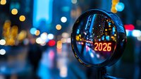 Futuristic cityscape with 2025 neon numbers reflected in glass sphere against blurred urban lights and bokeh background, creating magical night atmosphere.