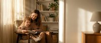 Mother and toddler son reading book together in cozy living room with warm natural light streaming through window creating peaceful family bonding moment at home.