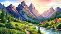 Mountain landscape with river flowing through valley at sunset with colorful sky and forest trees creating scenic nature panorama for outdoor adventure themes.