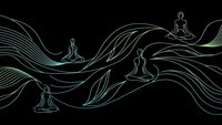 Meditation figures sitting in lotus pose connected by flowing energy waves on black background for wellness and spiritual design projects.