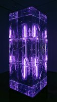 Glowing purple crystal tower with internal light beams creating futuristic sci-fi atmosphere on dark background for technology and gaming designs.
