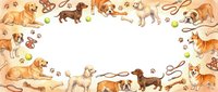 Cute dog breeds border frame with paw prints, leashes, toys and bones on white background. Pet care, veterinary, grooming services design template.