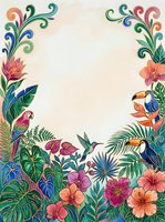 Watercolor tropical frame with exotic birds, toucans, parrot, hummingbird, lush jungle flowers, and ornate swirls, copy space center.