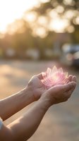 Hands holding glowing pink lotus flower with soft bokeh background at sunset, symbolizing spirituality, wellness, meditation, mindfulness and inner peace for healing concepts.