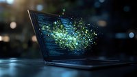 Glowing particles bursting from laptop screen with programming code, digital transformation concept on dark background with bokeh light effects.