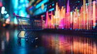 Shopping cart in neon-lit urban environment with colorful audio waveform background, reflecting on wet surface. Modern retail and digital technology concept.