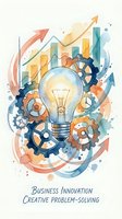Watercolor lightbulb with gears and rising chart arrows representing business innovation and creative problem-solving for startup growth and success.