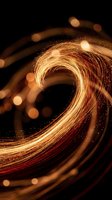 Golden light trails swirl in dynamic spiral motion against black background, creating abstract energy vortex effect for technology and innovation design projects.