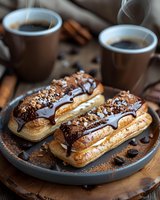 Fresh chocolate eclairs topped with nuts and drizzled chocolate sauce on gray plate, served with hot coffee cups. Coffee beans and cinnamon sticks create cozy atmosphere.