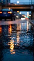 Wet asphalt street reflecting colorful city lights at dusk with blurred urban traffic and glowing bokeh creating atmospheric mood for evening photography.