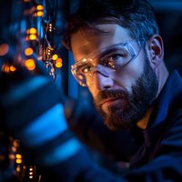 Bearded Caucasian male scientist in protective glasses illuminated by dramatic blue lighting and orange bokeh, working in dark laboratory environment at night.