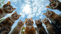 Curious cats looking up at sky from below angle, forming circle against blue cloudy background, creating unique perspective and playful composition.