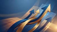 Rising gold and blue arrows on abstract financial background symbolize growth, success, and upward market trends in business and investment.