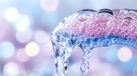 Sparkling icicles with water droplets against soft bokeh background in pink and blue tones creating winter frost atmosphere for seasonal designs.