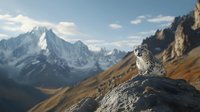 Majestic snow leopard perched on rocky outcrop against backdrop of snow-capped mountain peaks and dramatic valley landscape in remote wilderness setting.