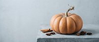 Orange pumpkin with cinnamon sticks and star anise spices on gray surface for autumn seasonal cooking and fall harvest decoration projects.