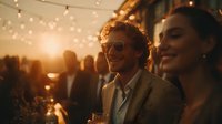 Young diverse couple enjoying romantic evening on urban rooftop terrace with string lights and city skyline at golden hour sunset for dating lifestyle content.