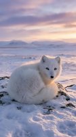 Arctic fox with white winter coat sitting on snow during golden hour sunset with purple and pink sky in polar landscape wilderness.