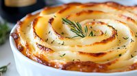 Golden spiral potato gratin with fresh rosemary herbs baked in white ceramic dish. Creamy layered scalloped potatoes with crispy edges for comfort food recipes.