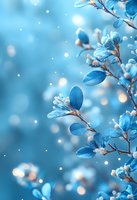Delicate blue spring blossoms with water drops against soft bokeh background, dreamy floral macro photography in cool tones and morning frost effect.