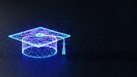 Digital graduation cap made of glowing blue particles and connecting lines on dark background. Futuristic education technology concept for online learning.