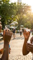Hands blowing soap bubbles in sunny park with golden sunlight and green trees creating magical outdoor summer atmosphere for family fun and leisure activities.