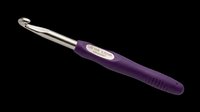 Crochet hook with purple ergonomic handle and silver metal tip, isolated on transparent background, ready for crafting clipart, stickers, t-shirt design, and print on demand.