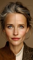 Comparison portrait showing aging process with half face retouched, half natural with fine lines and texture against neutral background.
