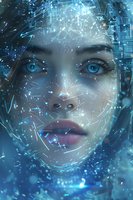 Ethereal portrait with glowing blue digital elements and constellation patterns overlaying feminine features amid mystical atmosphere and technological elements.