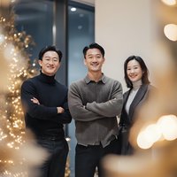 Three confident Asian business professionals standing together in modern office with warm bokeh lights creating festive atmosphere for corporate teamwork.