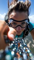Young Caucasian woman in diving goggles reaching toward camera underwater with bubbles and blue sky background for adventure sports marketing.