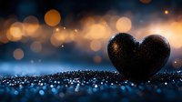 Black heart shape on glittering surface with golden bokeh lights in background creating romantic and dreamy atmosphere. Suitable for Valentine's Day designs and love themes.