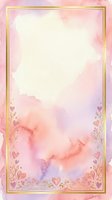 Watercolor gradient background with soft pink, purple, and peach tones, gold frame border, and delicate heart and floral decorative elements. Isolated on white space, ready for invitations, greeting cards, and design projects.