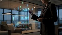 Businessman in dark suit interacting with holographic building projection in modern office, demonstrating augmented reality technology for architecture and real estate visualization.