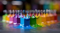 Colorful liquid crown splashes in sequence captured at high speed, featuring vibrant blue, green, and rainbow hues against dark background. Creative fluid art photography.