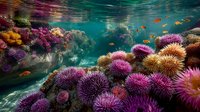 Vibrant underwater coral reef scene with colorful sea urchins, tropical fish swimming in crystal clear turquoise water with sunlight filtering through surface.
