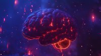 Glowing human brain with neural connections illuminated in neon red and blue colors against dark background with floating particles, representing artificial intelligence.