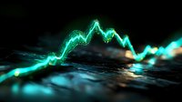 Glowing turquoise line graph chart showing financial market volatility with dramatic lighting effect on dark background, reflecting in water surface for business concept.