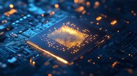Glowing processor chip on blue circuit board with orange light effects, modern computing technology concept for artificial intelligence and data processing.