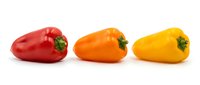 Fresh red, orange, and yellow bell peppers isolated on white background, ready for culinary, food, and recipe design projects.