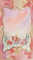 Watercolor frame with ornate wavy border, pink and cream gradient background, floral arrangement with roses and peonies, decorative hearts and botanical elements, isolated on transparent background for greeting cards and invitations.