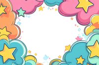 Playful cloud and star frame border in pastel colors with yellow stars and sparkles on white background, ready for text or design elements. Perfect for children decor.