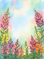 Watercolor snapdragon flowers in pink, purple, yellow, and orange frame a soft pastel sky background with copy space for text.