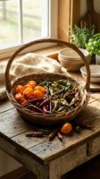 Wicker basket filled with colorful mixed chili peppers on a rustic wooden table by a sunny window, farm kitchen setting.